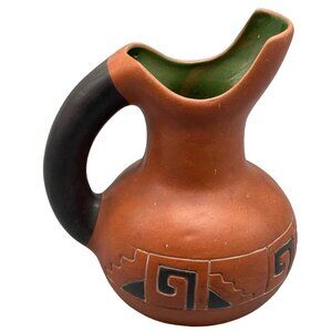 Mexico pitcher art work mid century modern southwest style engraved 9x9.5" READ